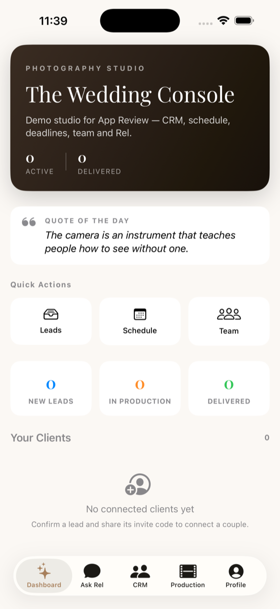 The Wedding Console — studio dashboard